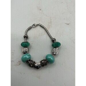 Mom Celebrate Life Green Aqua European Charm Bracelet Glass Beads 8”